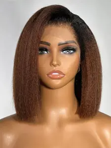 16 Inch Gradient Yaki Fiber Straight Wig, 13x4 Lace Front, Lace Construction, Natural Hairline, Realistic Illusion Hairline, Daily Wear, Women's Synthetic Hair Extension