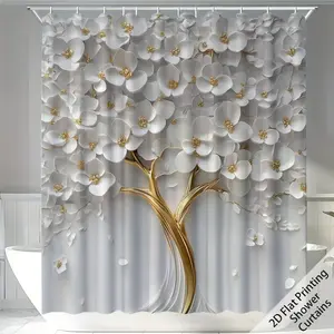 2D Flat Printing Artistic Shower Curtains, White Floral & Gold Tree Bathroom Curtains, Modern Aesthetic Bathroom Decor, Premium Waterproof Fabric, 71x71 inch