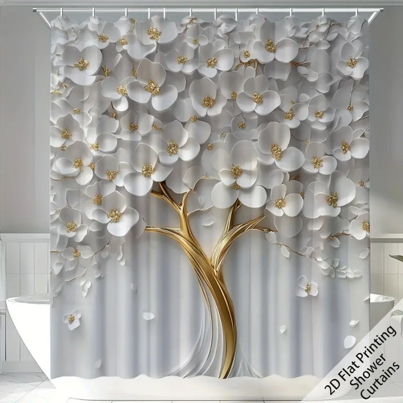 2D Flat Printing Artistic Shower Curtains, White Floral & Gold Tree Bathroom Curtains, Floral Shower Curtains For Bathroom, Decorative Shower Curtain, Modern Aesthetic Bathroom Decor, Bathroom Decoration Accessories, Premium Waterproof Fabric, 71x71 inch