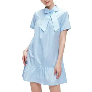 Kedera 2026 Trendy Mini Shirt Dress Bow Neck Short Sleeve Shift Dress Ruffled Hem with Side Pockets