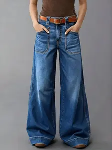 Women's high Rise Jeans Wide Leg Baggy Stretchy  Boyfriend Trendy Casual Comfort Lounge Denim Pants with Pockets