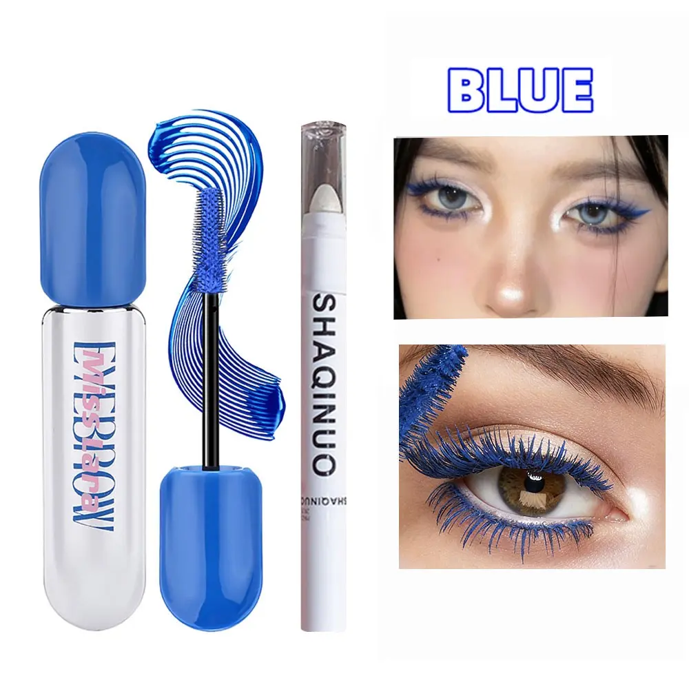 Colorful Mascara + Pearl Eyeliner Highlighter Set, Blue, Volumizing, Curling, Long-Lasting, Smudge-Proof, Daily Use, Gift for Women, Makeup Gift Set