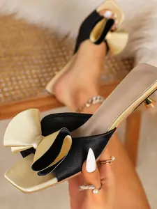 Women's Bow Satin Heeled Sandals, Square Toe Slippers, Portable Dating Outdoors Shoes, Fashion High-End Women's Shoes