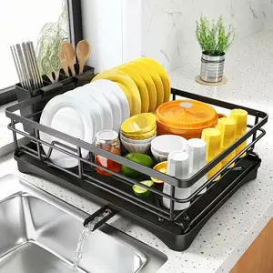 Black Stainless Steel Large-Capacity Single-Layer Dish Drying Rack with Auto Drain System, Kitchen Counter Organizer with Cup and Utensil Holder