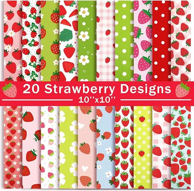 20 Pcs 10''x10'' Strawberry Quilting Fabric Square Strawberries Precuts Quilted Fabric Bundle Flower Plaid Polka Dot Printed Sewing Material for Holiday Patchwork DIY Craft Supplies