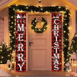 Christmas New Year Plaid Door Decorative Banner, Durable Polyester Material, Indoor Outdoor Decoration, Easy Hang Design