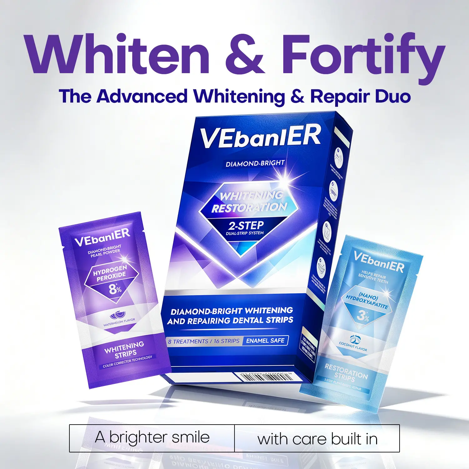 VEbanIER Dual-Action Teeth Whitening Strips Kit, 4 Whitening Pairs + 4 Enamel Care Pairs, Purple Tone Correcting, 8% Hydrogen Peroxide, Nano-Hydroxyapatite, Gentle Whitening for Sensitive Teeth