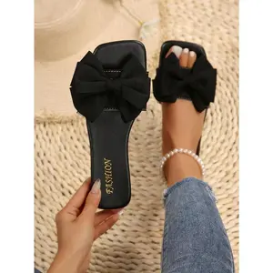 Women Large Size Comfortable And Simple Bowknot Open Toe Square Toe Flat Slippers, Summer Beach Sandals, Casual Fashion Outdoor Wear Valentines Girl Black Crisscross Elastic Wedge Espadrilles
