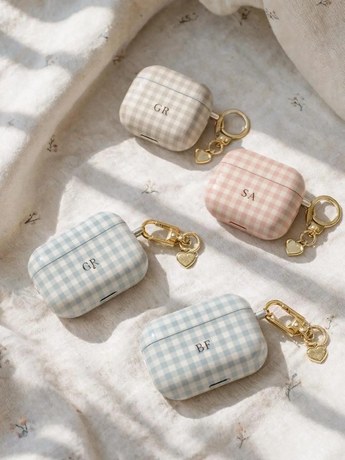 Boho Gingham Personalized Monogram Airpod cases Initials Letter Custom Protecitve Accessories Cover For Airpods Gen 1 2 3 4 Pro, No Keychain