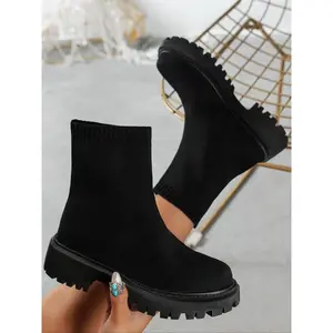 Knitted Mid-Calf Boots, Elastic Fabric Upper, Rubber Sole, Solid Color, Autumn & Winter Fashion, Casual Style