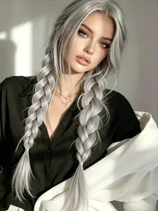 Double Braids Light Grey Synthetic Braided Lace Front Wig 13x4 HD Free Part Lace Front Wig Silver Grey Twist Braids Synthetic Wig Grey Glueless Synthetic Lace Frontal Wig for Daily Wear Heat Resistant Fiber Wigs Holiday Party Use