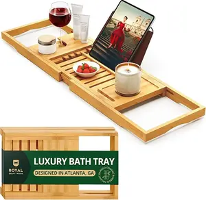 ROYAL CRAFT Wood Premium Foldable Bathtub Tray - Wooden Collapsible Tray for Tub with Bamboo Shelf, Expandable Design for Bathroom Accessories