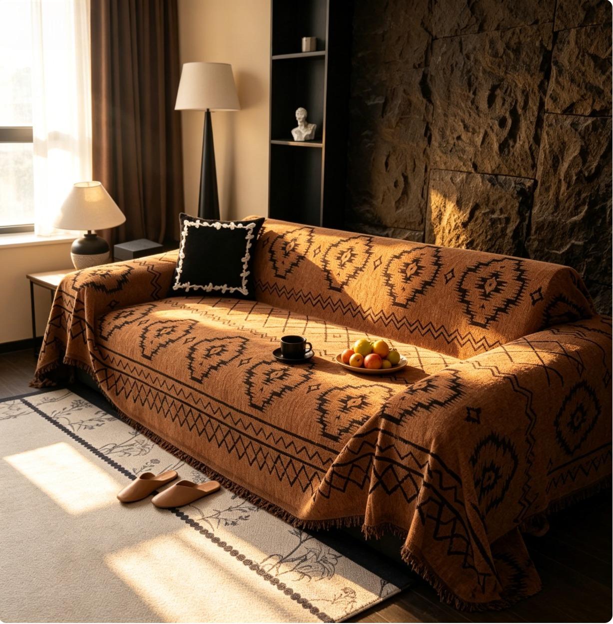 Southwestern Fringed Sofa Blanket | Brown & Black Aztec Throw for Boho Living Rooms