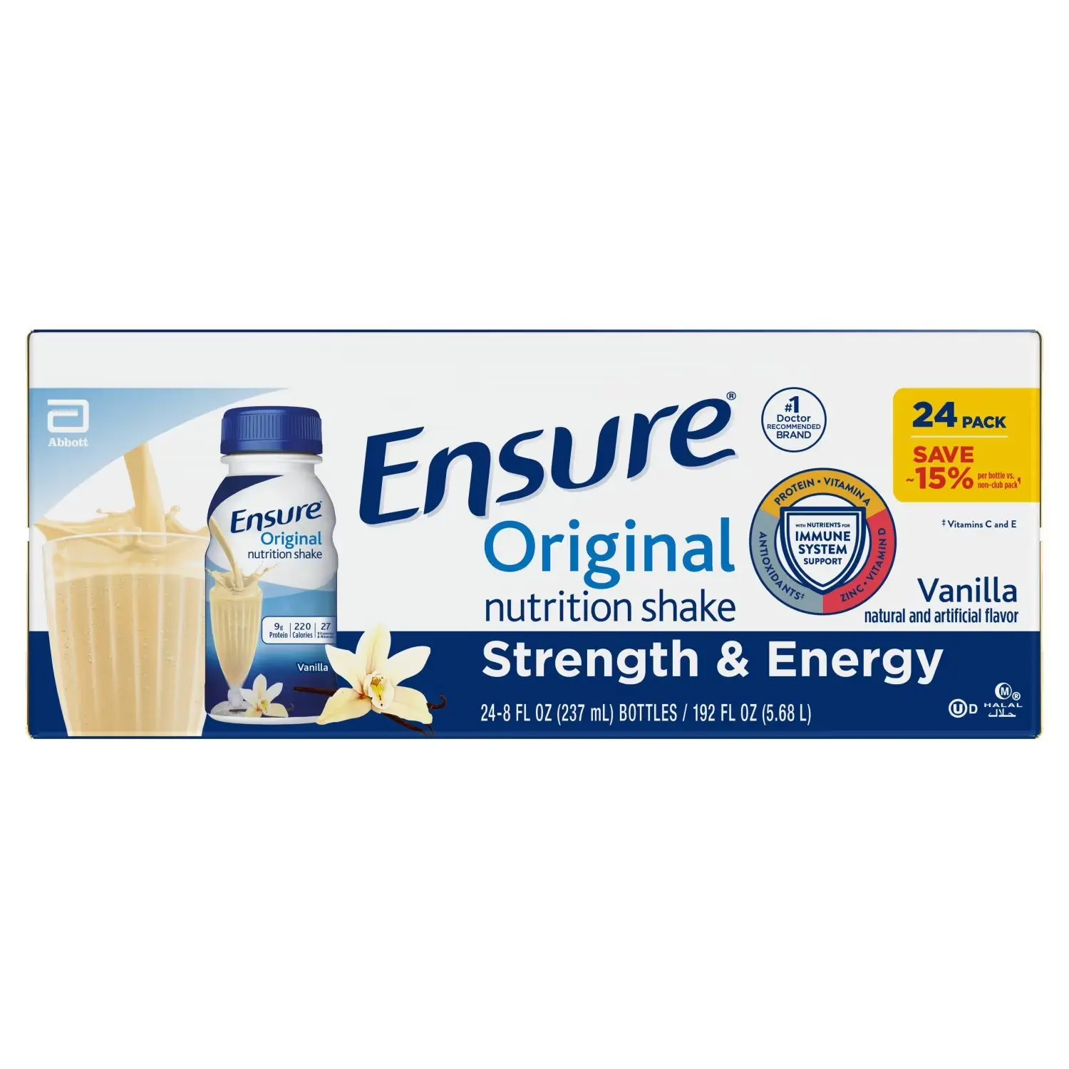 Ensure Original Halal Energy Beverage - Vanilla Flavor, 8 fl. oz., 24 ct., Protein-Vitamin Ambient Drink, Adult Meal Replacement Shake, Protein-Packed Snack Alternative