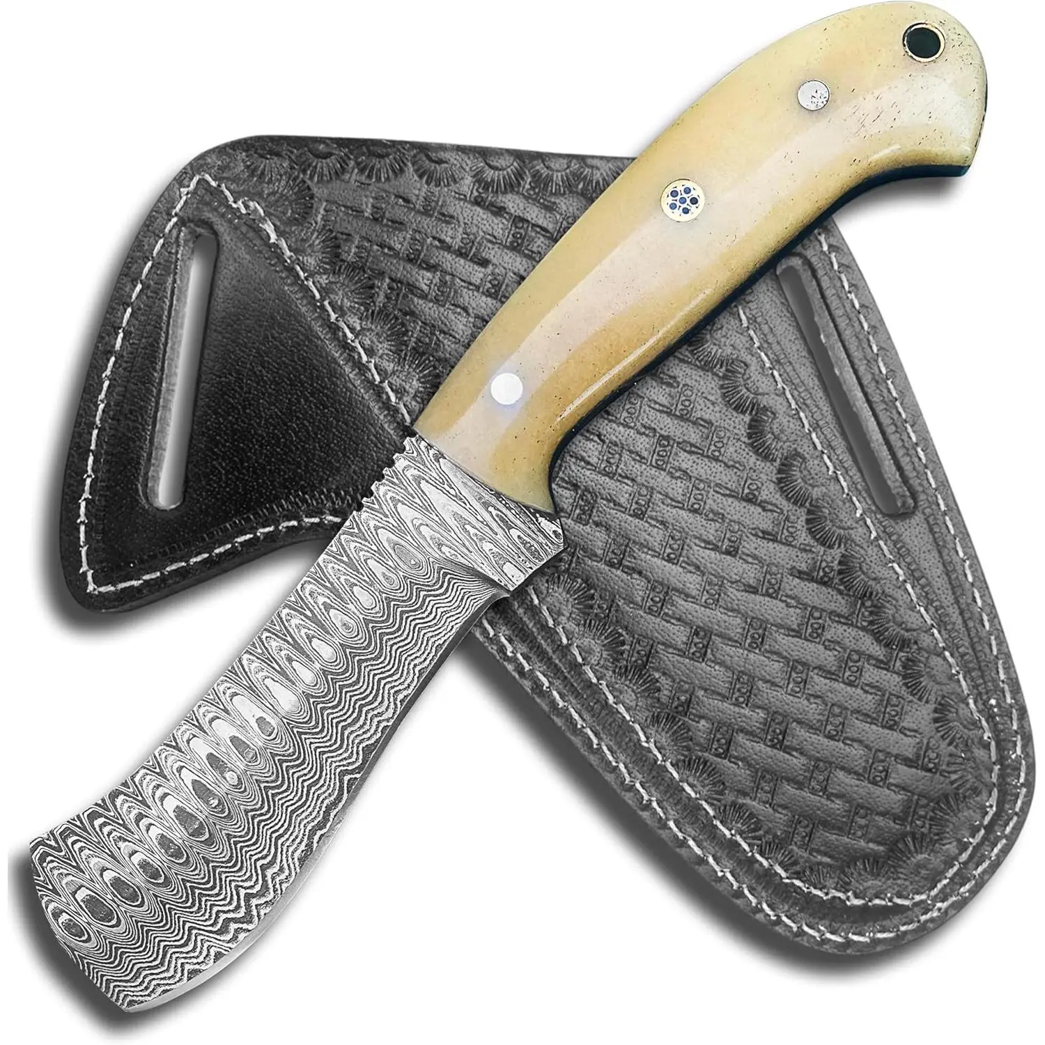Handmade 8'’Damascus Bull Cutter Knife – Full Tang Cowboy Hunting Knife with Leather Sheath – Fixed Blade EDC Tool for Camping, Survival, Skinning, Outdoor Use & Gift for Men Collectors (White)