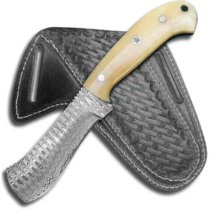 Handmade 8'’Damascus Bull Cutter Knife – Full Tang Cowboy Hunting Knife with Leather Sheath – Fixed Blade EDC Tool for Camping, Survival, Skinning, Outdoor Use & Gift for Men Collectors (White)