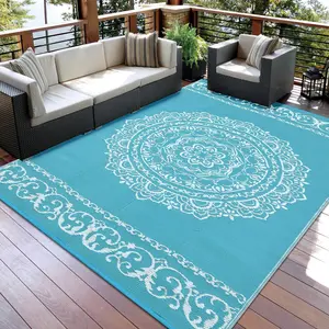 GARVEE Large Outdoor Rugs for Patio 9x18 Portable Outdoor Carpet, Reversible Medallion Plastic Straw Camping Mat, Waterproof Outside Rug for RV, Porch, Deck, Balcony, Beach, Teal/White(Medallion)