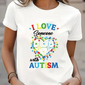 Women's Autism Awareness T-Shirt - "I Love Someone with Autism" Puzzle Heart Design, Casual Short Sleeve Round Neck Top, Semi-Sheer Geometric Pattern, Machine Washable All-Season Comfort, Autism Shirt White CLL T-shirts-10449
