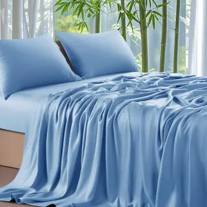 100% Viscose Derived from Bamboo_ Sheets Queen Size 4pcs - Cooling & Soft Bed Sheets, 16" Deep, Perfect for Hot Sleepers, Hotel Bedding Sheets (Lake Blue)