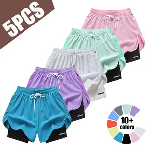 Set of 5 women’s shorts: double-layer faux two-piece solid-color mid-length shorts; breathable, quick-dry leggings; women’s athletic shorts with adjustable drawstring waist — lightweight fitness shorts with side design, non-see-through running casual wear