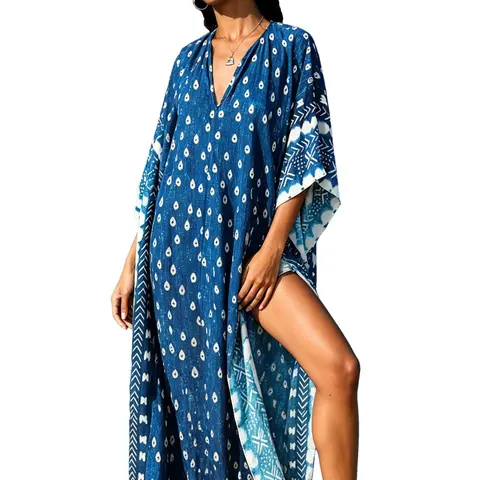 Women's Blue Geometric-Pattern Abstract Printed V-Neck Kaftan Cover Up - Loose-Fit Batwing Sleeve Maxi Beach Dress, Breathable Rayon Female Bikini Wrap Robe, Plus Size Kaftan Dresses, Machine Wash for Beach Trip, Pool Party