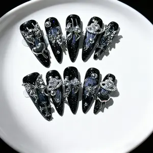 10Pcs Dark Galaxy Press On Nails, Long Stiletto Fake Nails with 3D Saturn & Melted Heart Charms, Black Glitter Gothic Style, Reusable False Nail Kit, GothicNails, GalaxyNails, SaturnNailArt, PressOnNails