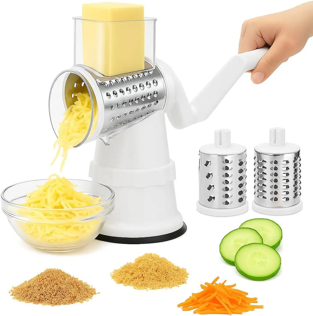 3-in-1 Rotary Cheese & Vegetable Grater with Suction Base | Manual Hand Crank Drum Slicer, Kitchen Mandoline Veggie Slicer with 3 Interchangeable Blades for Grater – Easy Clean & Safer Design, Non-Electric (White) Multifunctional Rotary Kitchen Grater
