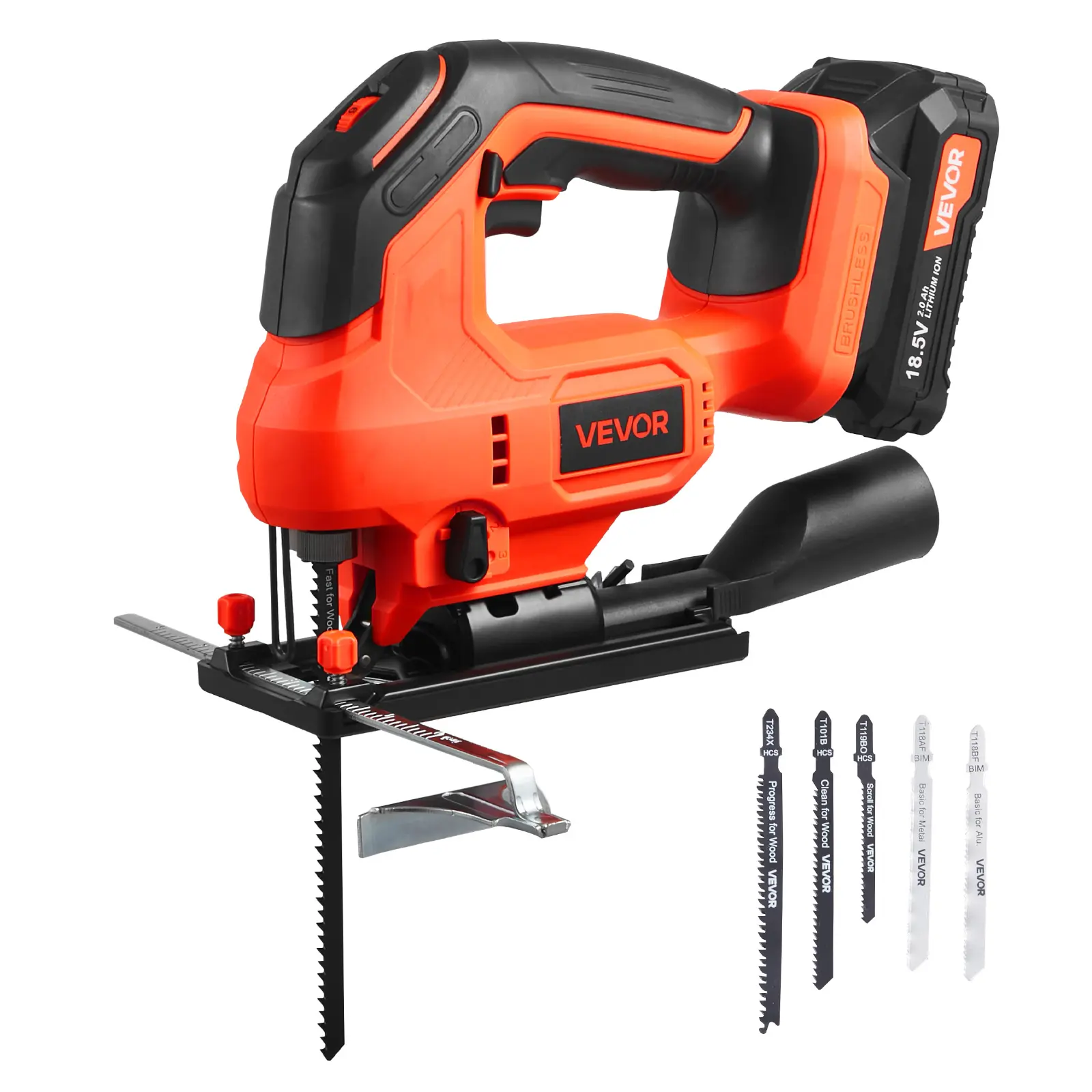 【summerfinds】VEVOR Cordless Jig Saw, 20 V Brushless Motor, 3500 SPM Blade Speed, Cordless Jigsaw with 6 pcs Blades, LED Light, 6 Variable Speed, 0- 45° Bevel Cuts, 4 Orbital Settings, for Wood and Metal Cutting, Tool, Battery Powered Saw