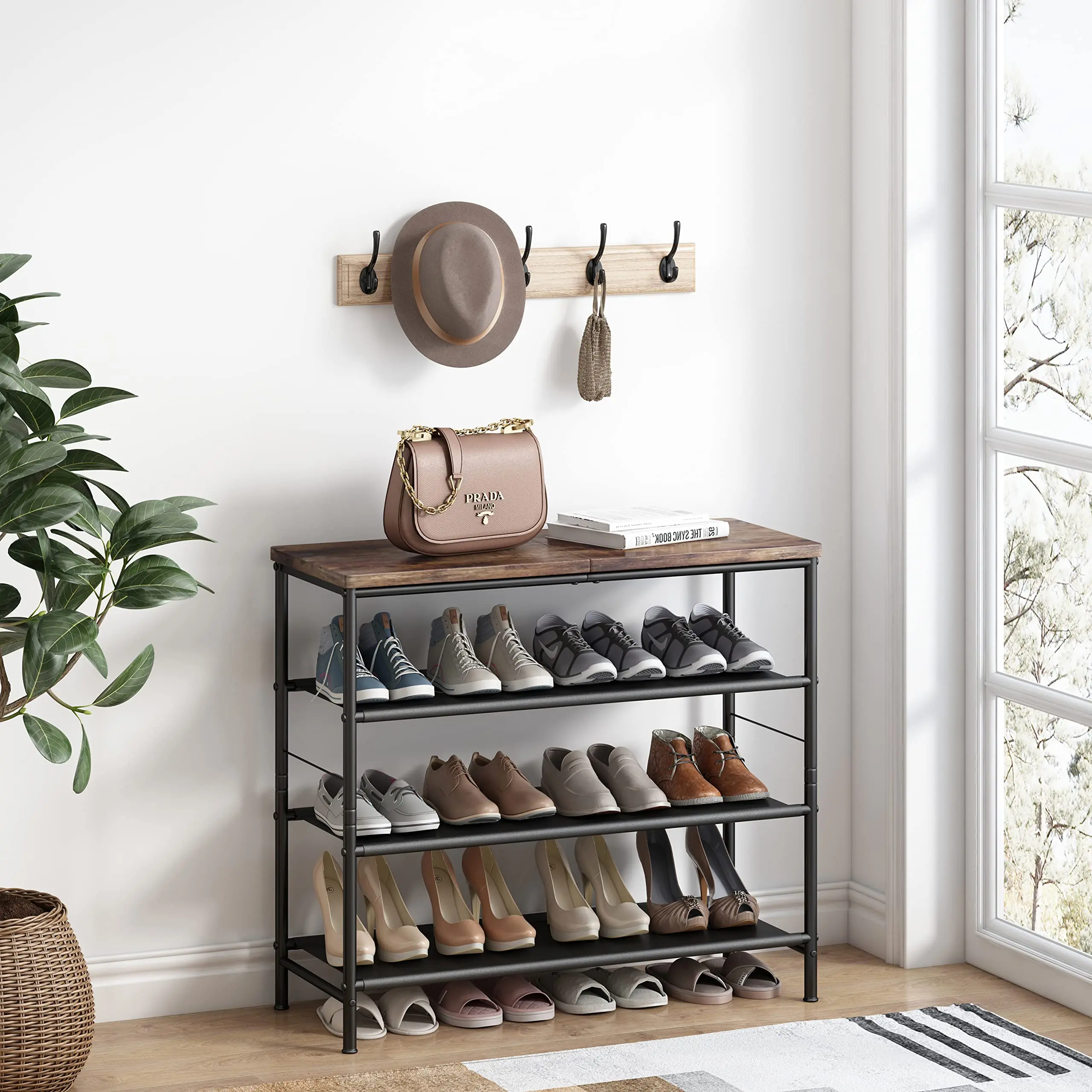INGIORDAR Metal Shoe Rack Organizer - 4/5/6-Tier Options (4-Tier, 5-Level Incl.) with Industrial MDF Board & Layer Fabric, Black, Paint-Free Safe Design, Freestanding Frame Shoe Storage, Heavy Duty Metal Frame, Five-Level Shoe Racks