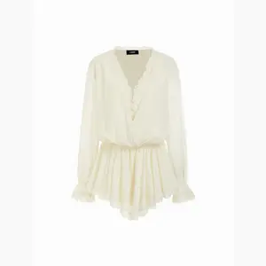Cider Chiffon V-neck Puff Sleeve Ruched Lace Trim Romper