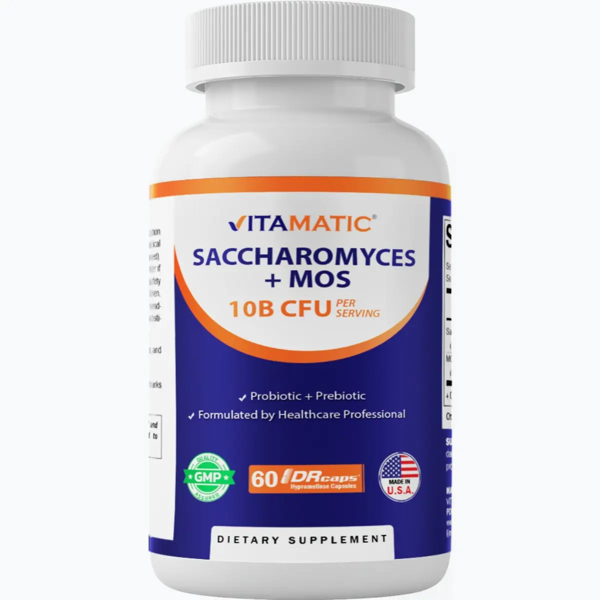 Vitamatic Saccharomyces Boulardii Probiotic Dietary Supplement for Adults - Acid-Resistant, 10B CFU per Serving, 300mg MOS Yeast Extract, 60 ct DR Capsules, Clean, Free of Egg, Gluten- & Artificial Color-Free, 24-Month Shelf Life, Made in the USA