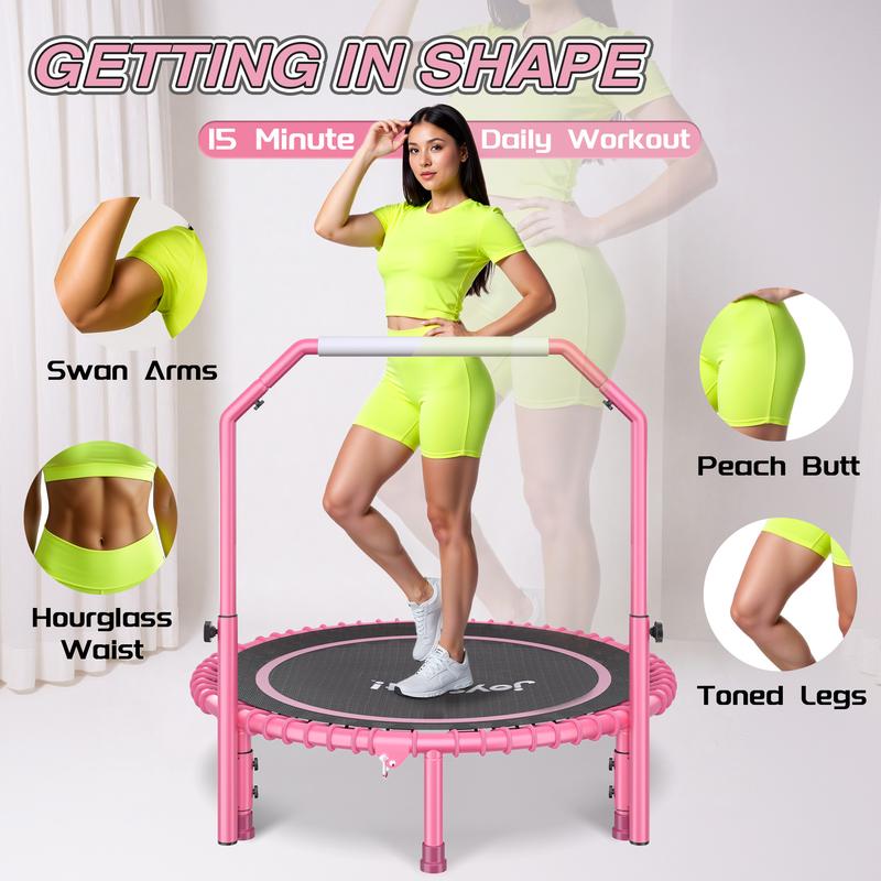 JOY SPOT! 450 LBS Foldable Trampoline 40" Fitness Trampoline with Bungees Adjustable Foam Handle/T Handle No Rope Training Jump Rope Home Gym Workout Stable Quiet Exercise Rebounder for Adults, Valentine's gift