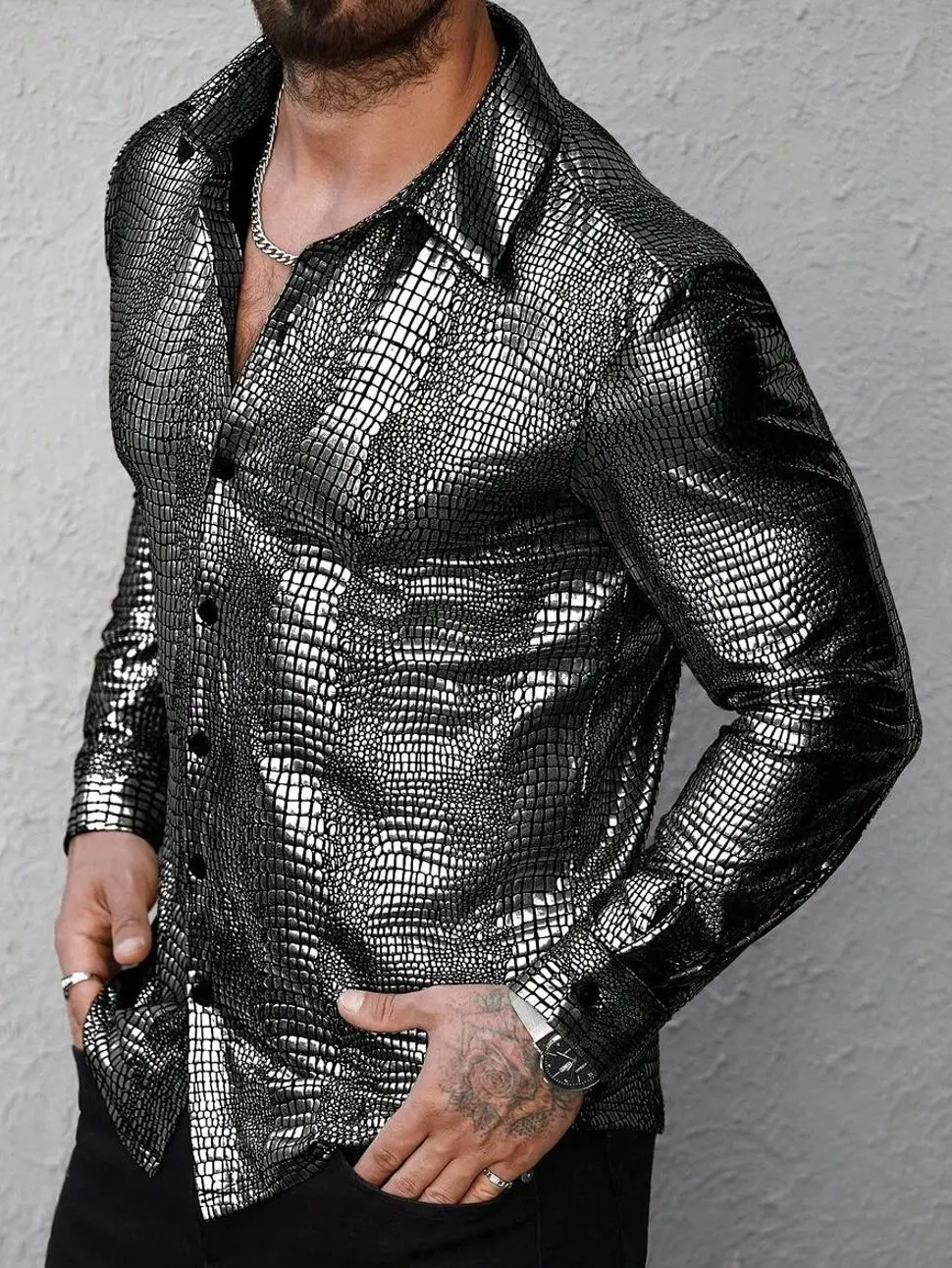 Long sleeve shirt for men - Men's Snake Skin Print Shirt, Long Sleeve Button Down Sequin Party Shirt, Metallic Silver Clubwear Top for Stage Performance long sleeve tops long sleeve shirt summer clothing trending clothing trending clothes male clothing