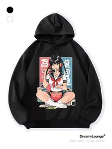 Japanese Anime Street Style Sailor Girl Eating Ramen Graphic Loose Fit Hoodie, Casual Breathable Outdoor Sportswear, Daily Wear at Home or Outdoors