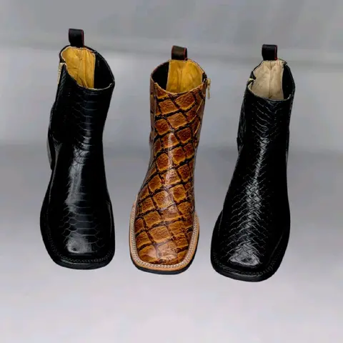 Men's Premium Artisanal Mid-Calf Cow Hide Closed Cowboy Boots - Zip, Square Toe, Grabada, Block Heel, Leather Upper, Flexible, Rubber Sole, Sidewalk Grip, Walking Shoes, Casual Weekend & Special Night Wear, Stylish Western Footwear