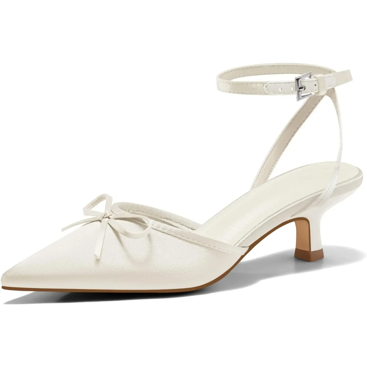 Coutgo Women's Satin Pumps - Pointed Toe Kitten Heels with Bow Accent, Elegant Low Heel Footwear for Wedding Party, Shoe, Kitten Heels For Women
