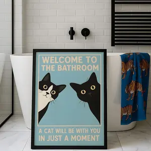 Welcome To The Bathroom Print: Funny Black Cat Poster - Quirky Vintage Wall Art - Gift For Cat Lover - Tuxedo Cat Art - Toilet Wall Decor M