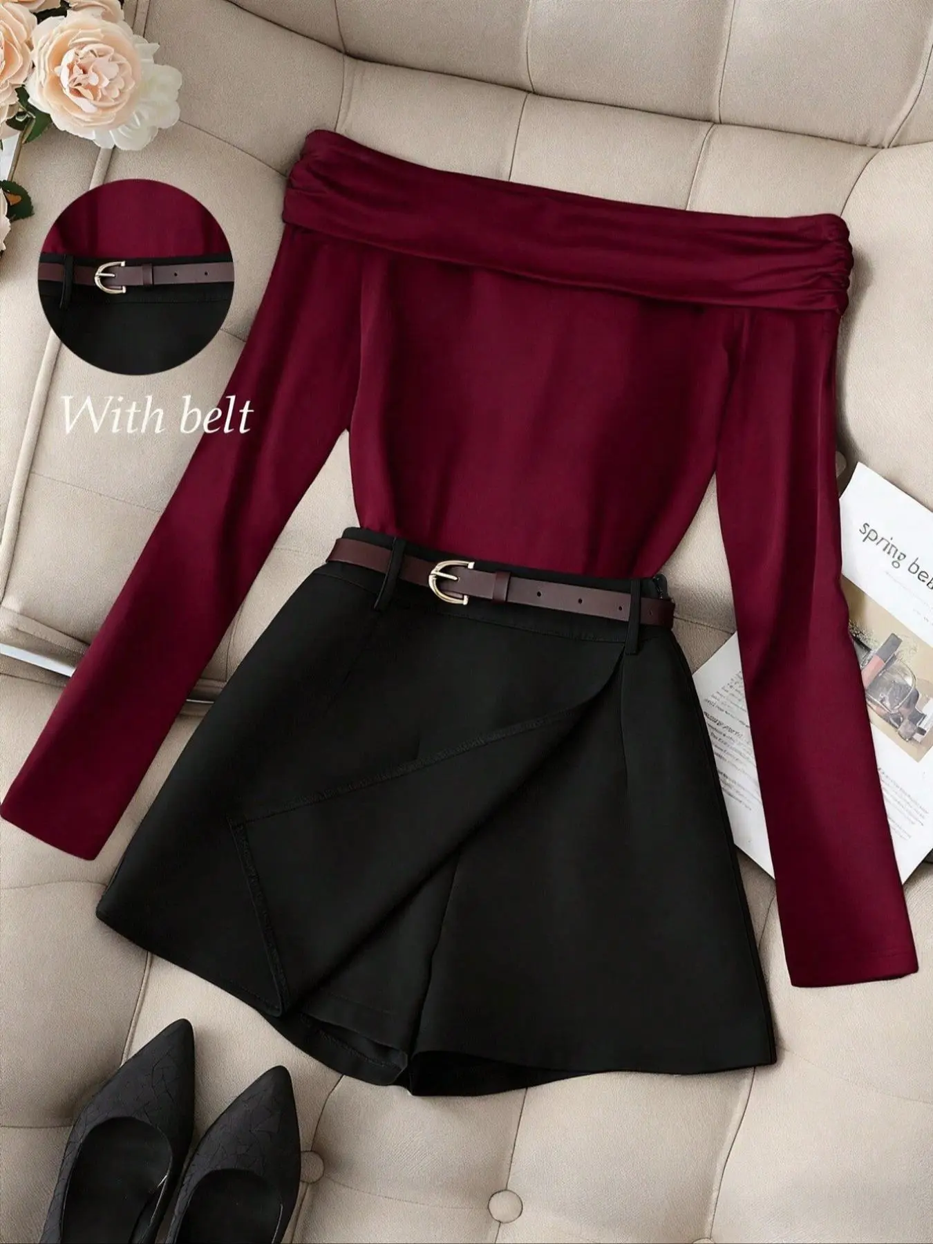 Women's Casual Fashion Style Commuter Outfit, One Shoulder Long Sleeve Slim Fit Crop Top with Shorts, Belted Skirt Set, Spring & Fall Two-Piece Suit Womenswear Fitted, Fashionable Shorts Set, Fashion Clothes Set