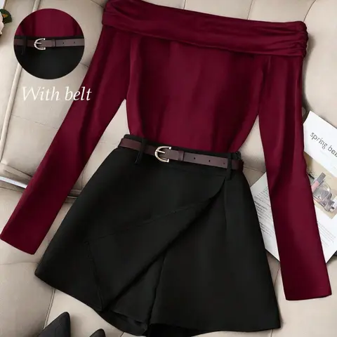 Women's Casual Fashion Long Sleeve Crop Top with Belt, Short Pants Set, Slim-Fit Plain Suit Outfit for Fall Winter