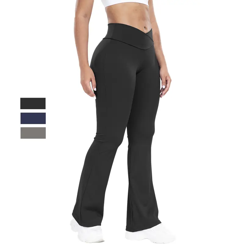 Solid Athletic High Waist Flare Pants for Women, Tummy Control Workout Yoga Running Thouser,Plain Bootcut Skinny Leggings Gym Casual Comfy Sporty