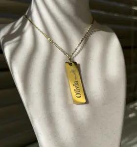 Personalized Name Bar Necklace, Gold Stainless Steel Floral Engraving