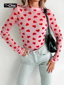 Acelitt Valentine's Day Heart Print Sheer Mesh Long Sleeve Top, Women's Casual Fashion Blouse, Comfortable and Stylish, Love, Casual Comfy Top