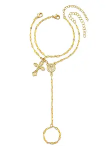 14K Gold Plated Hand Chain Bracelet with Ring, Dainty Cubic Zircon Finger Bracelet, Adjustable Cuff Body Jewelry Gifts for Women, Fashion Wrist Jewelry
