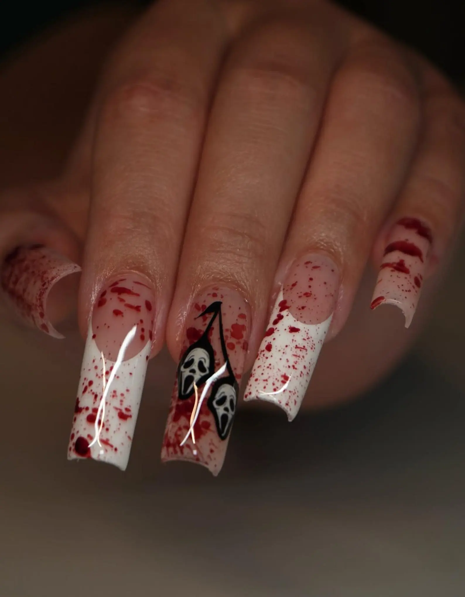 Happy Nails - Blood Splatter Halloween Press On Nails, Scream Ghost Face Halloween Nails, White & Red Gore Nail Art, Square Scary Press On Set