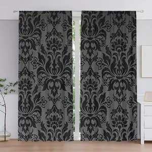 2 pieces of dark gray and black floral printed curtains - high-definition digital printing, polyester material with semi-transparency, machine washable, suitable for bedrooms, living rooms, and home curtain decoration