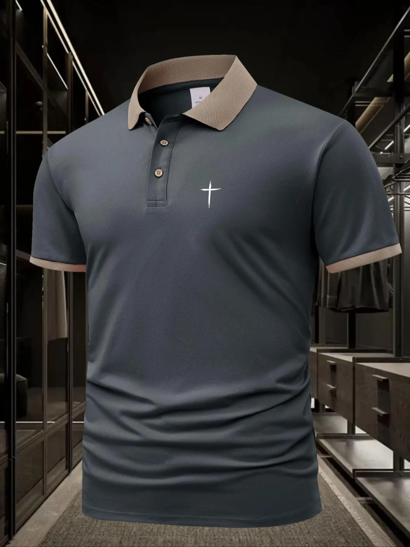 Men's Cross Print Short Sleeve Polo Shirt, Regular Fit Casual Breathable Comfortable Collared Top for Daily Outdoor Wear, Men's Clothes for Summer, Tr