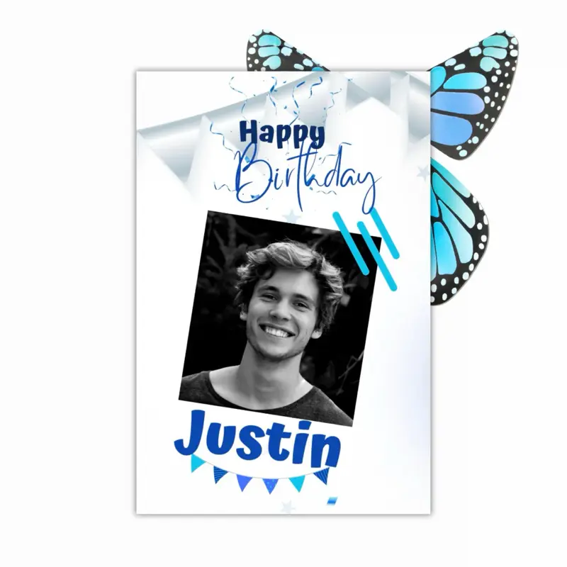Shades of Blue Fly Surprise Card with Happy Birthday Message & Floral Design for Special Occasions 5.5x8.5 Inches