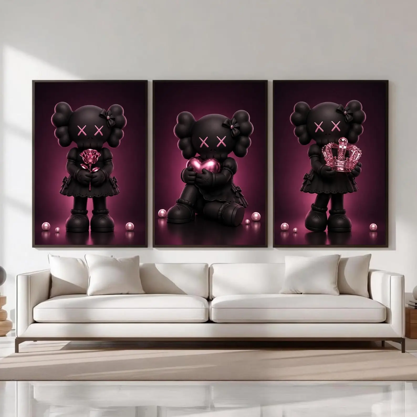 Kaws Wall Art Pink Poster Print Unframed Set of 3, Girly Goth Hypebeast Room Decor, Black Dopamine Wall Art, Kaws Figure Bedroom Dorm Prints, HypeBeast Toy