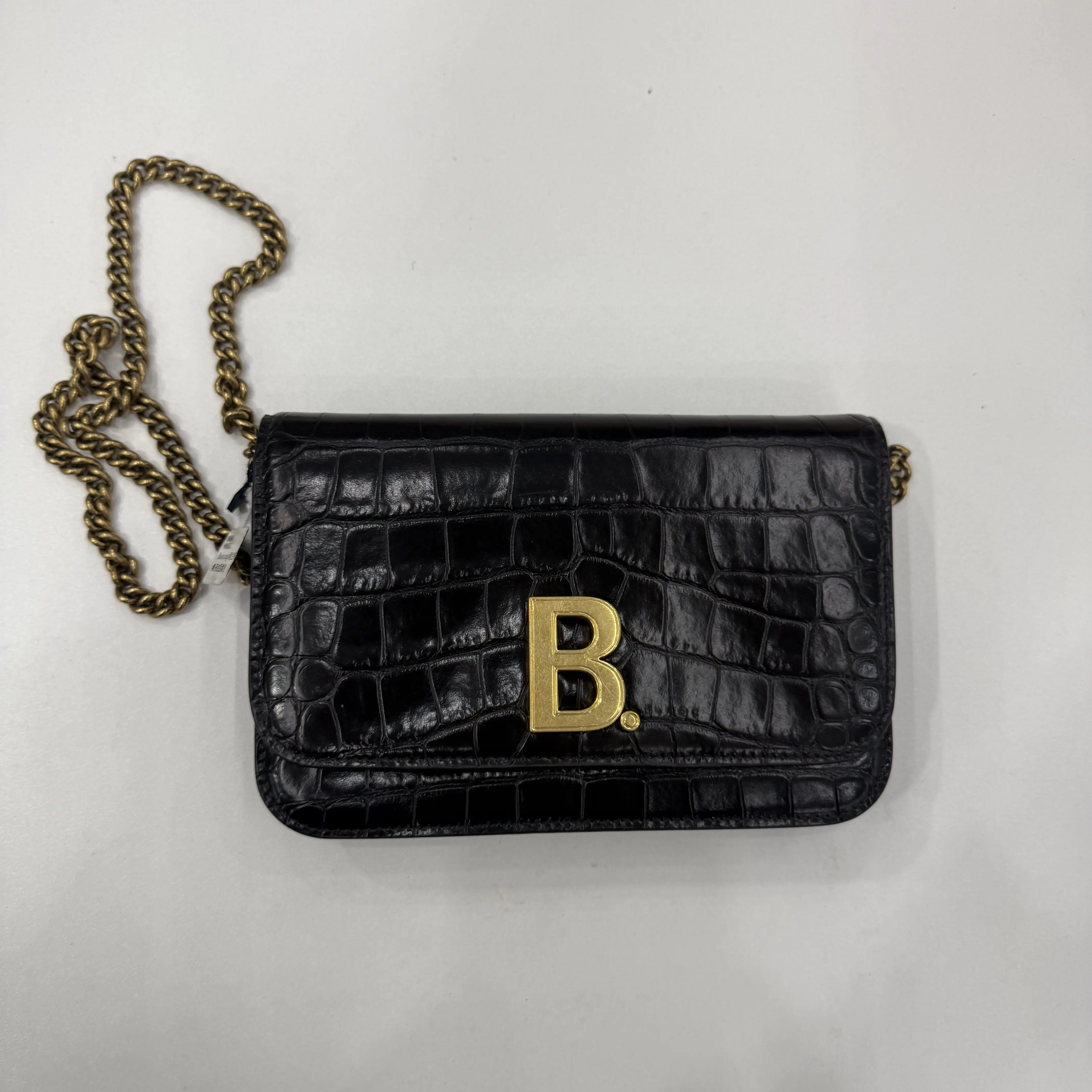 Pre-owned Balenciaga B Logo Crossbody Bag Black Crocodile Embossed Leather Gold Tone Hardware Chain Shoulder Bag for Women