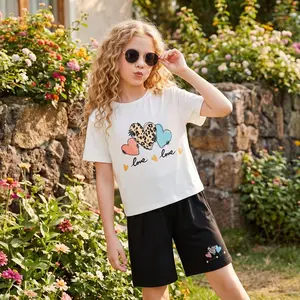 Girls 2-Piece Summer Outfit Set, Heart & Leopard Graphic T-Shirt and Shorts, Casual Activewear for Kids 3-12 Years
